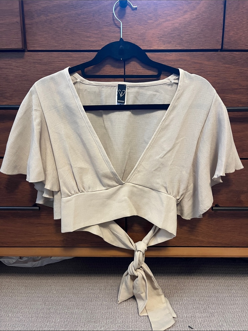 Beige Tie-Front Flutter Sleeve Crop Top